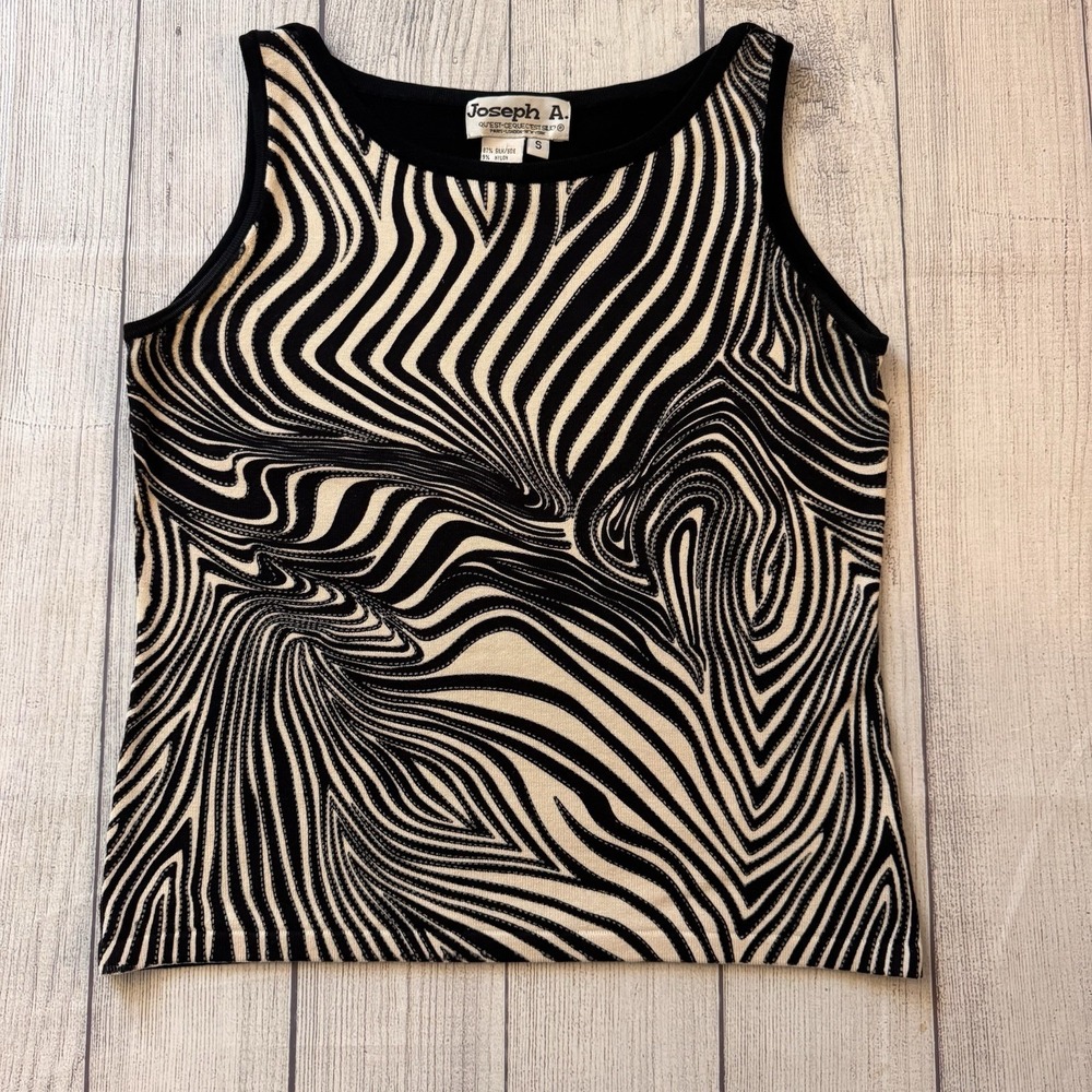 Joseph A Silk Blend Swirl Op Art Tank Top Small Black Beige Y2K Vintage